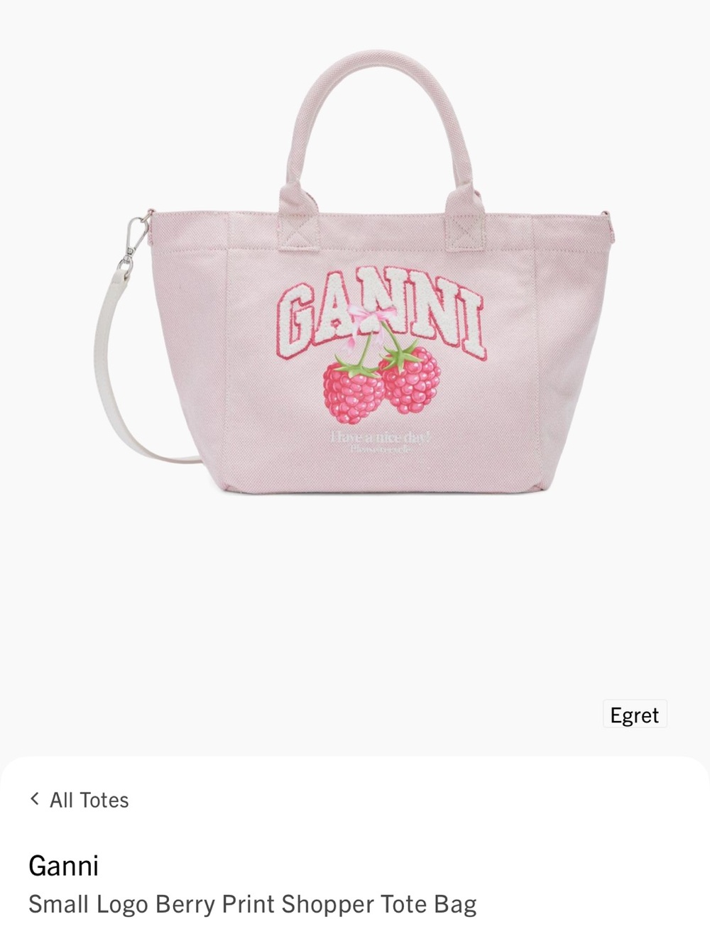 Ganni Small Logo Berry Print Shopper Tote Bag - Pale Pink NWT